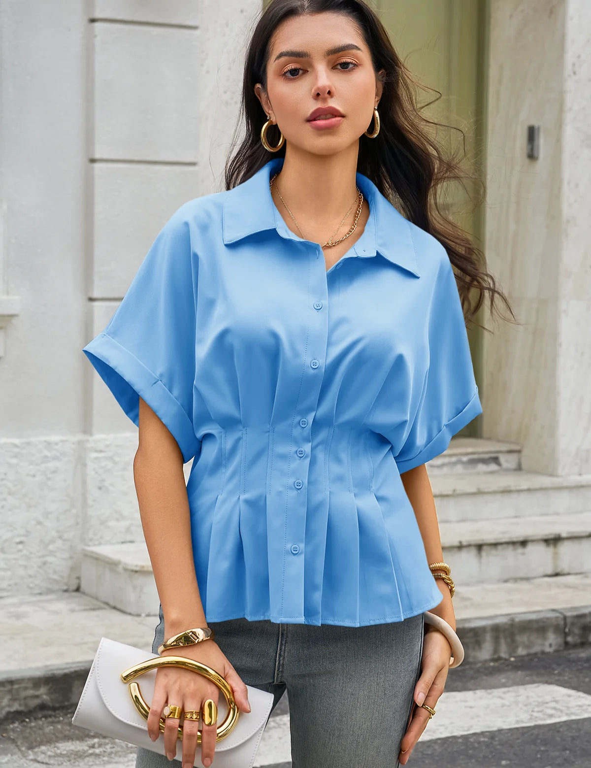 Womens Blue Pleated Button-Down Shirt 3