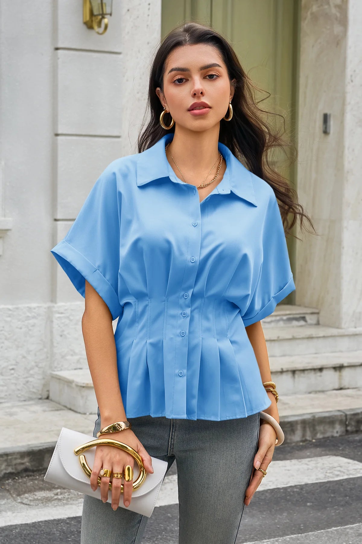Womens Blue Pleated Button-Down Shirt 3