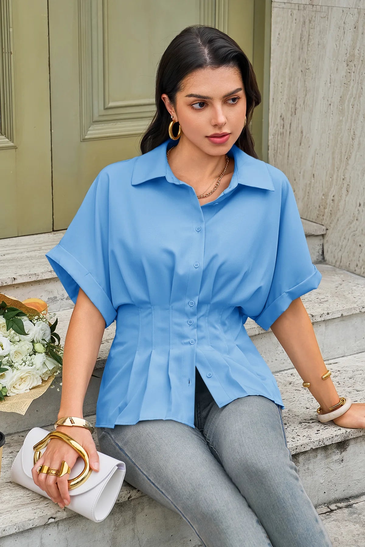 Cicy Bell Womens Blue Pleated Button-Down Shirt