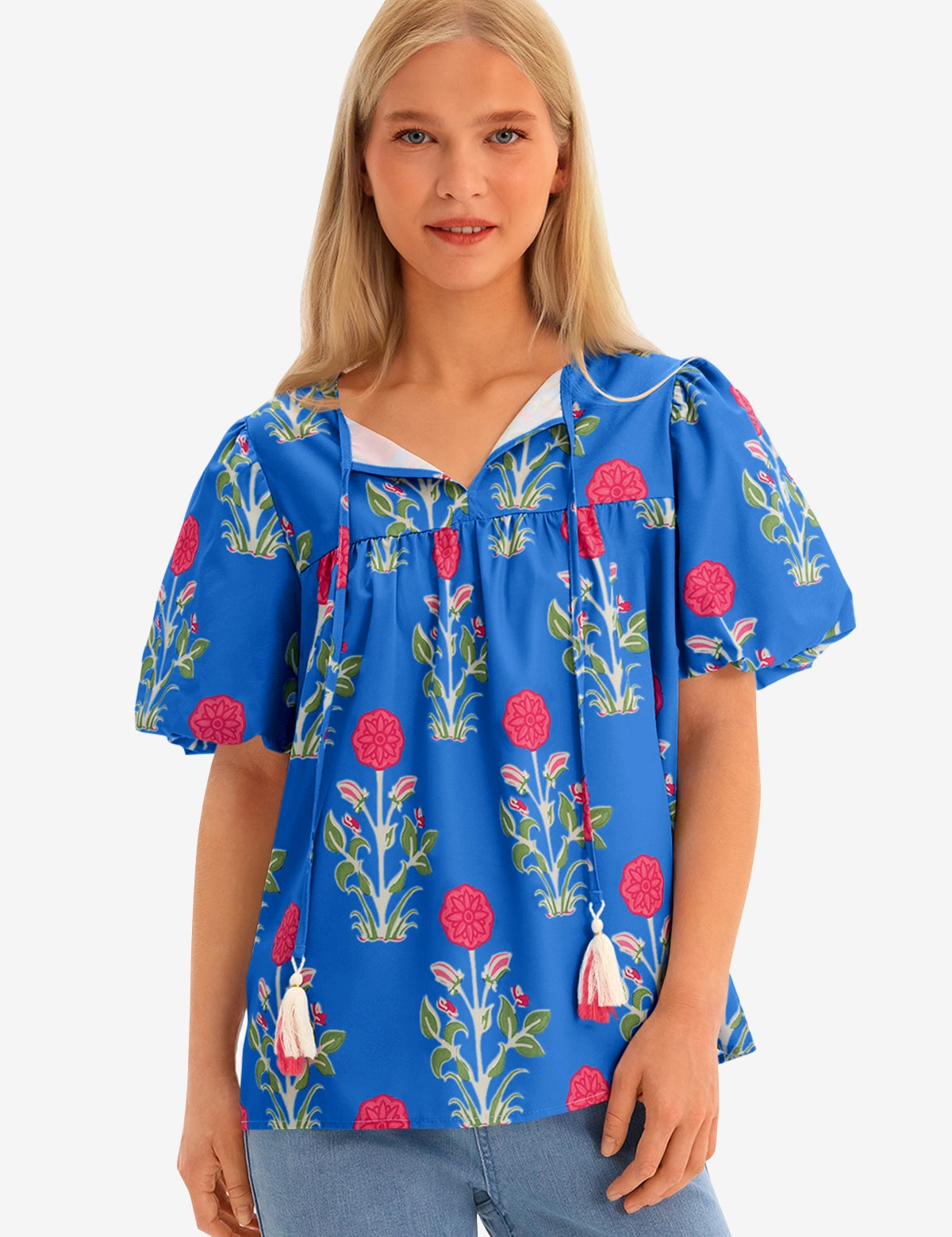 Womens Blue Boho Floral Blouses 1
