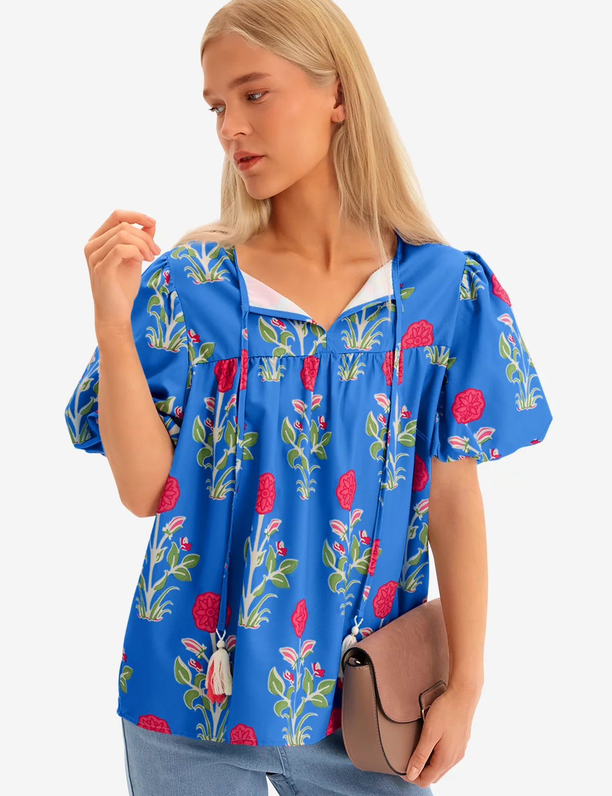 Womens Blue Boho Floral Blouses 3