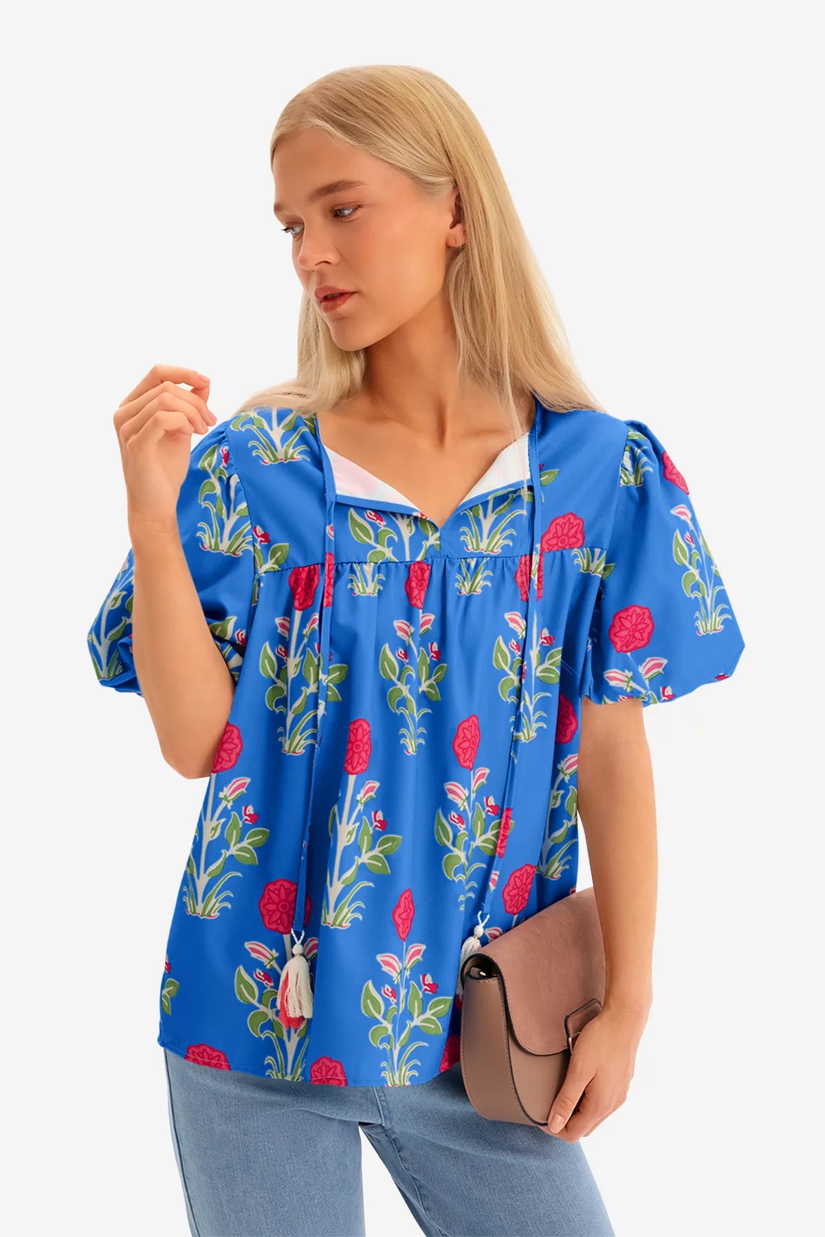 Womens Blue Boho Floral Blouses 3