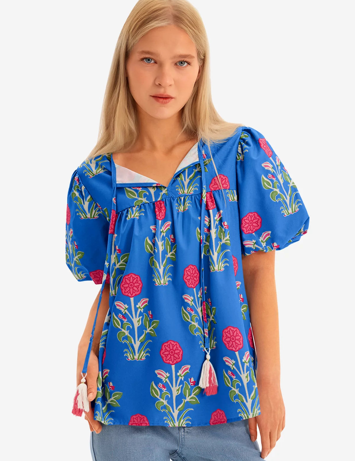 Womens Blue Boho Floral Blouses 2