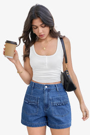 Womens Blue Elastic High Waisted Jean Shorts 1