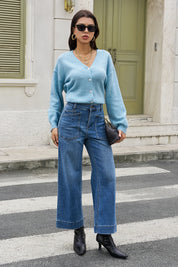 Womens Blue Cropped High Waisted Jeans | CicyBell