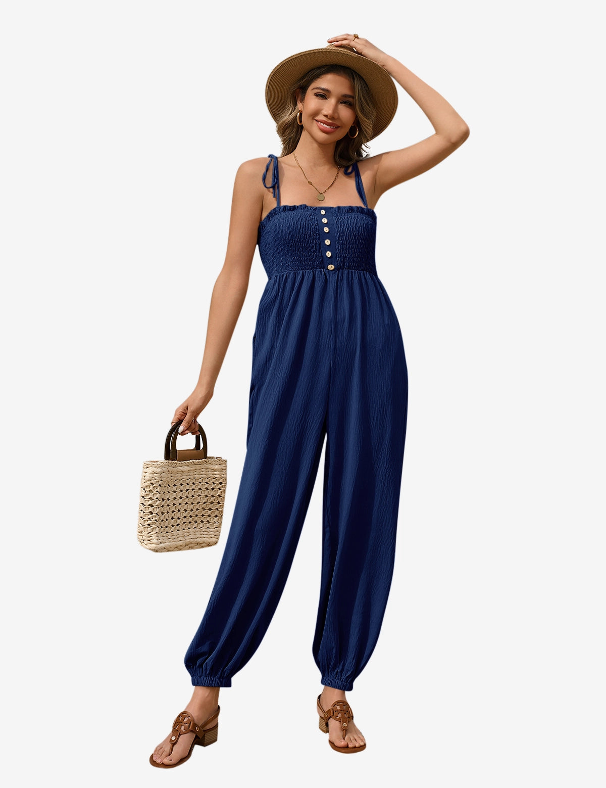 Womens Blue Smocked Jumpsuits 1