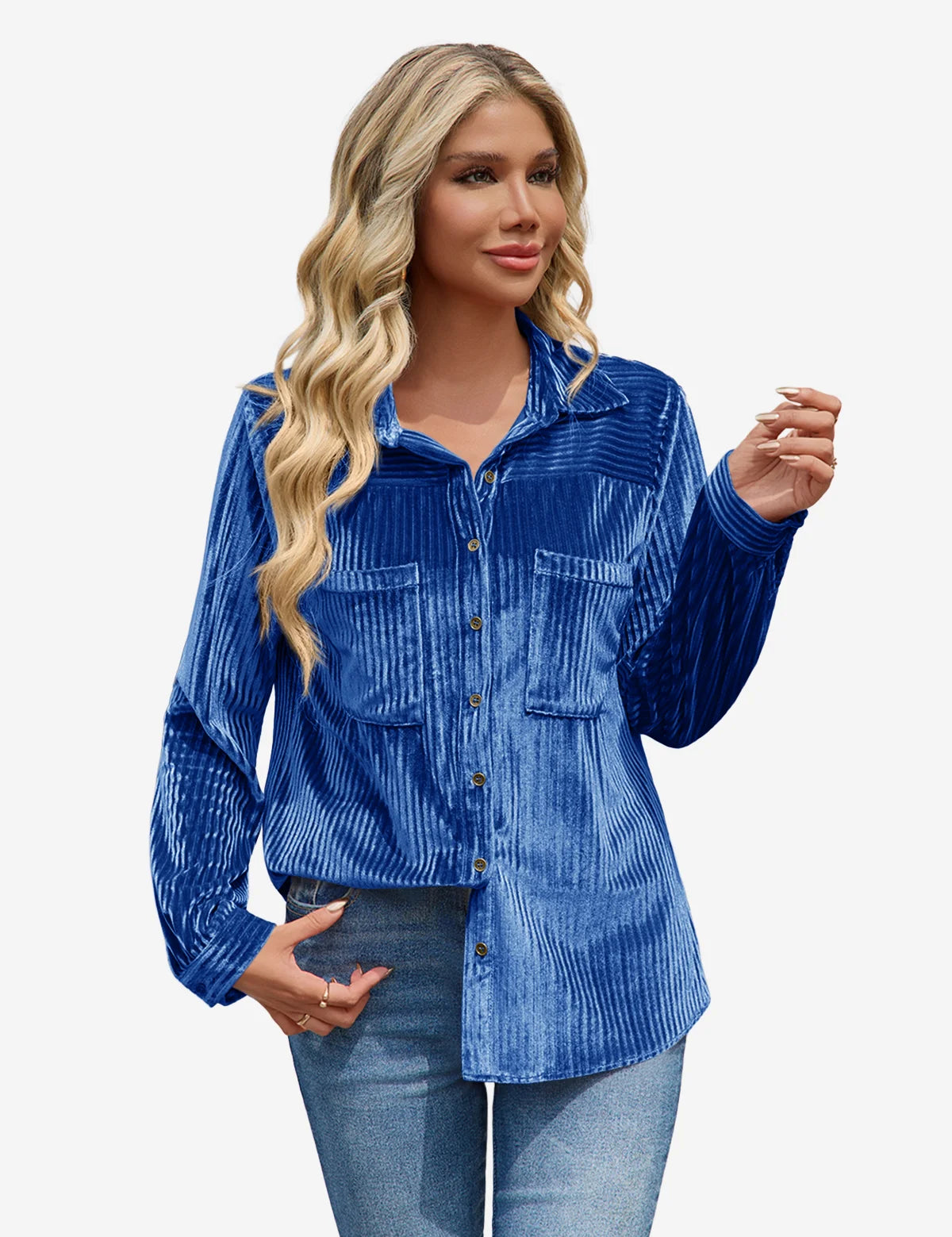Womens Blue Velvet Button Down Shirt 1