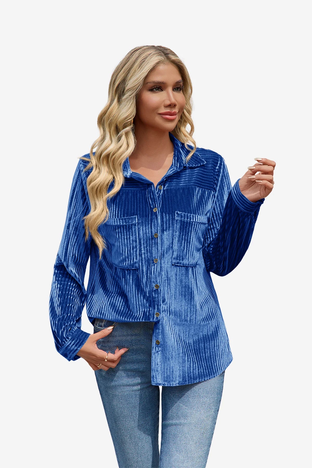 Womens Blue Velvet Button Down Shirt 1