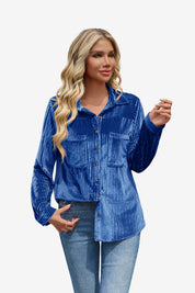 Womens Blue Velvet Button Down Shirt 1
