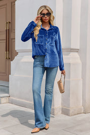 Womens Blue Velvet Button Down Shirt 2