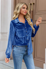 Womens Blue Velvet Button Down Shirt 3