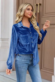 Womens Blue Velvet Button Down Shirt 3