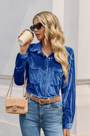 Womens Blue Velvet Button Down Shirt | CicyBell