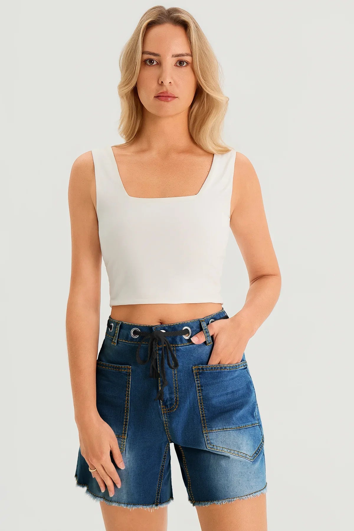 Cicy Bell Womens Blue Drawtring Mid Waist Denim Shorts