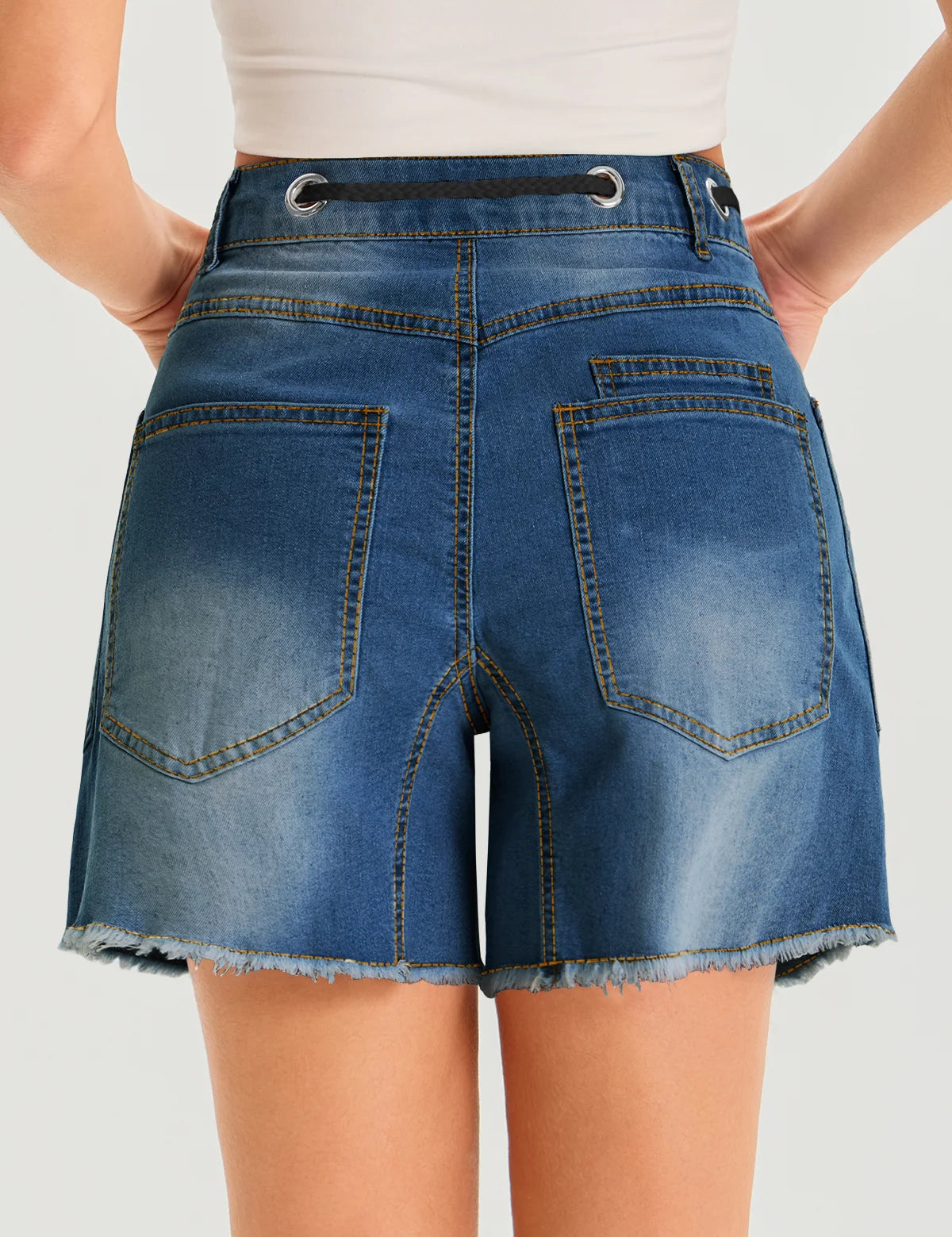 Womens Blue Drawtring Mid Waist Denim Shorts 2