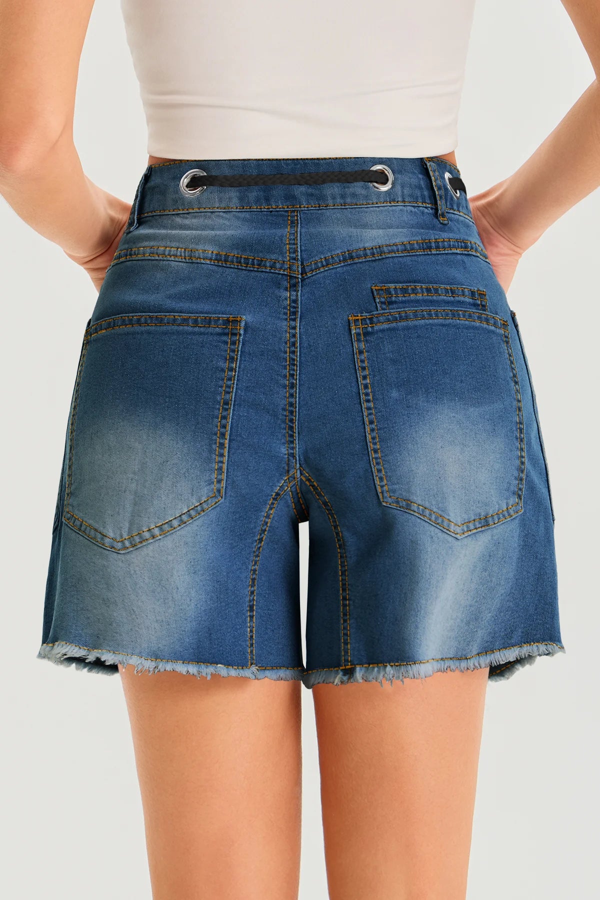 Womens Blue Drawtring Mid Waist Denim Shorts 2