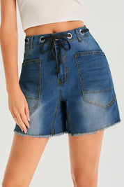 Womens Blue Drawtring Mid Waist Denim Shorts 3