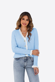 Womens Blue  Lace V Neck Sweaters 1