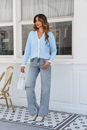 Womens Blue  Lace V Neck Sweaters 2