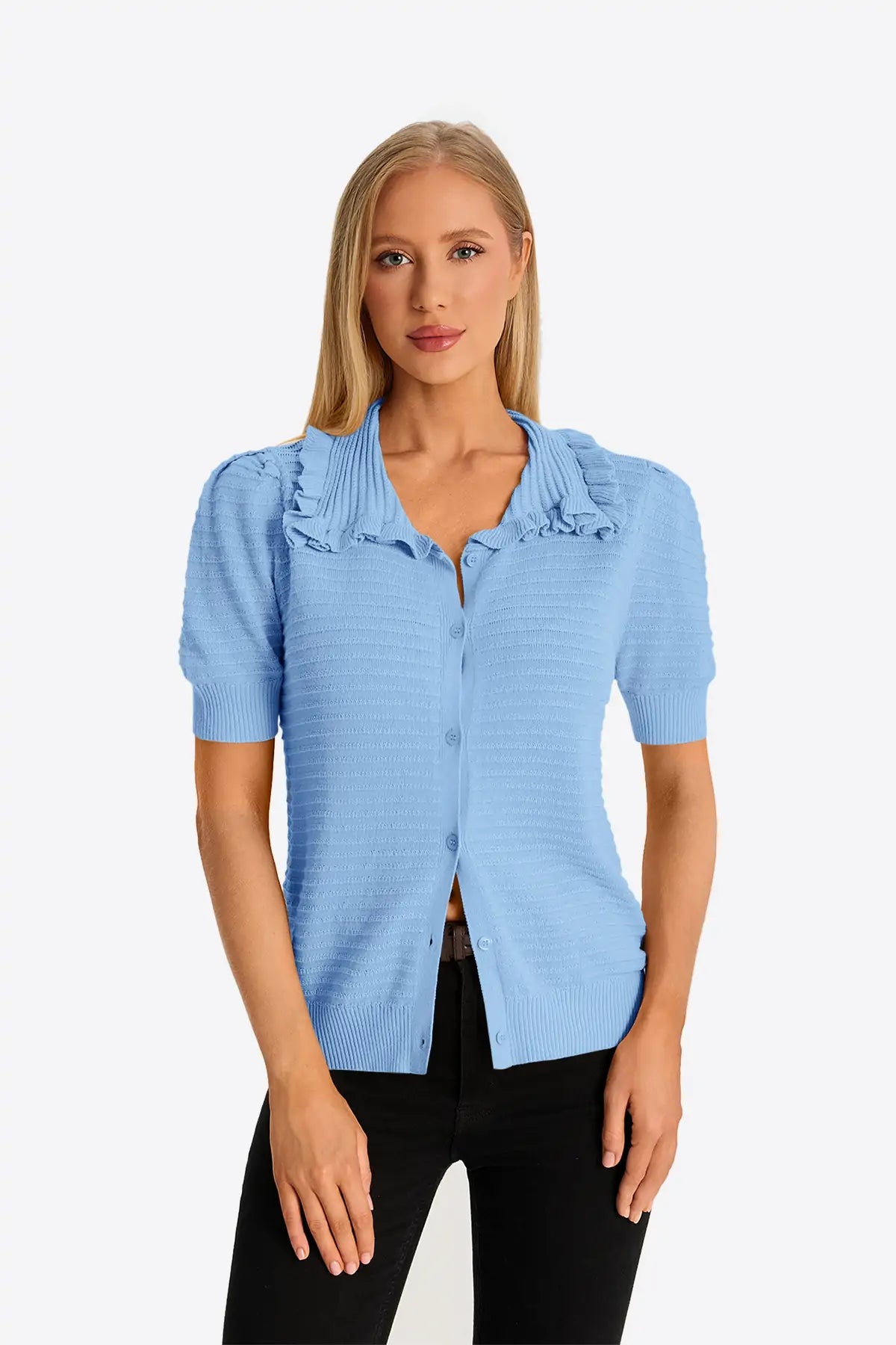 Blue Ruffle Peter Pan Collar Cardigan Sweater 1