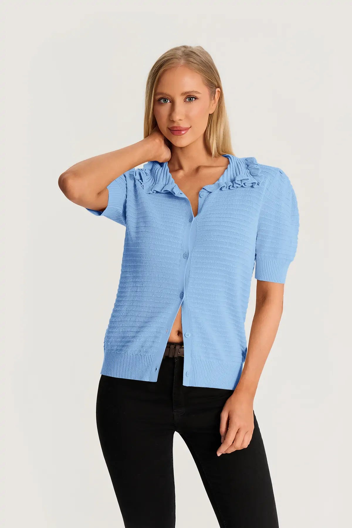 Blue Ruffle Peter Pan Collar Cardigan Sweater 3