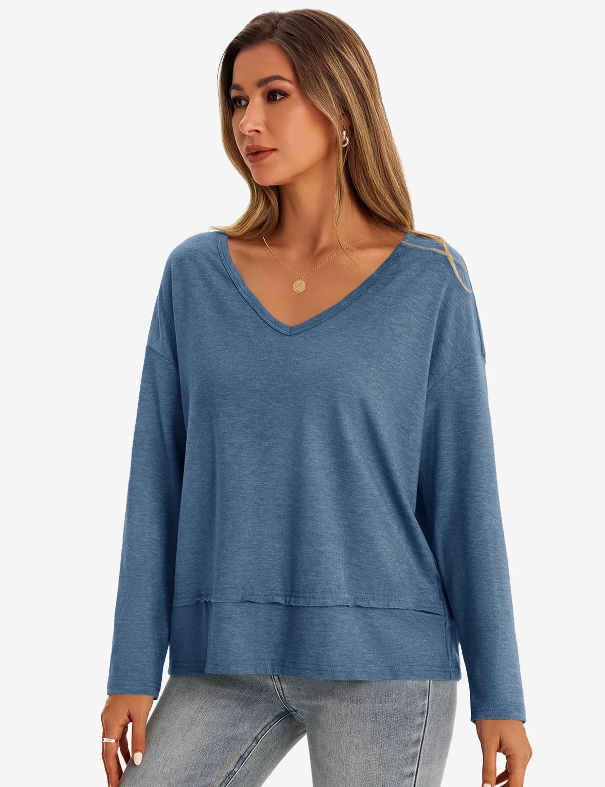 Womens Bluish Gray V Neck Casual Flowy Tops 1
