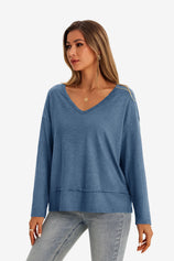 Womens Bluish Gray V Neck Casual Flowy Tops 1