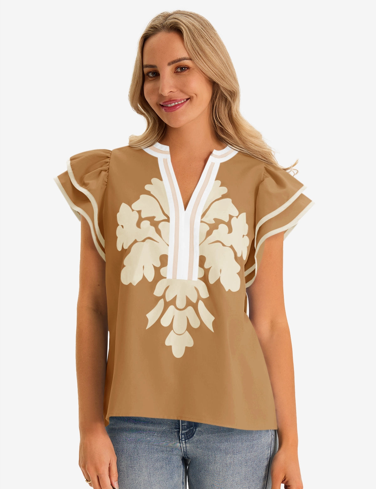 Womens Brown Ruffle Blouses 1