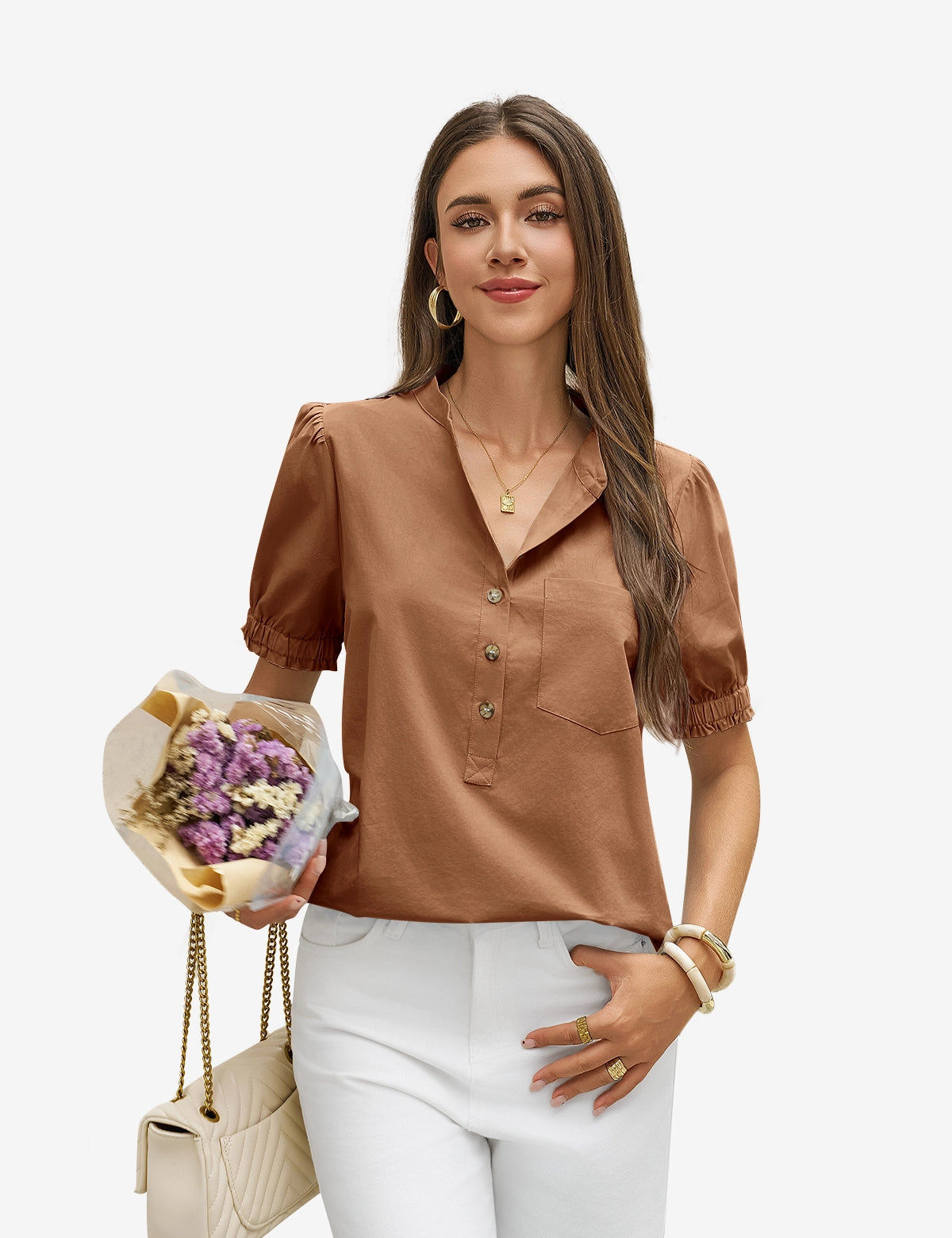 Womens Brown Puff Short Sleeve Blouses 1