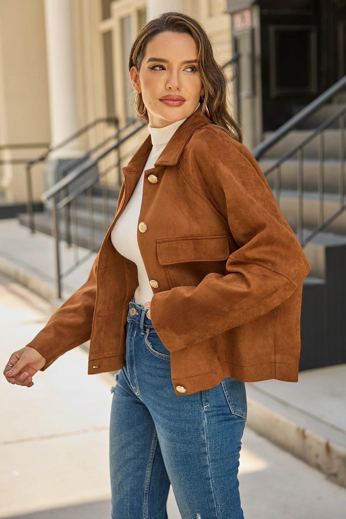 Womens Brown Faux Suede Leather Jacket 2