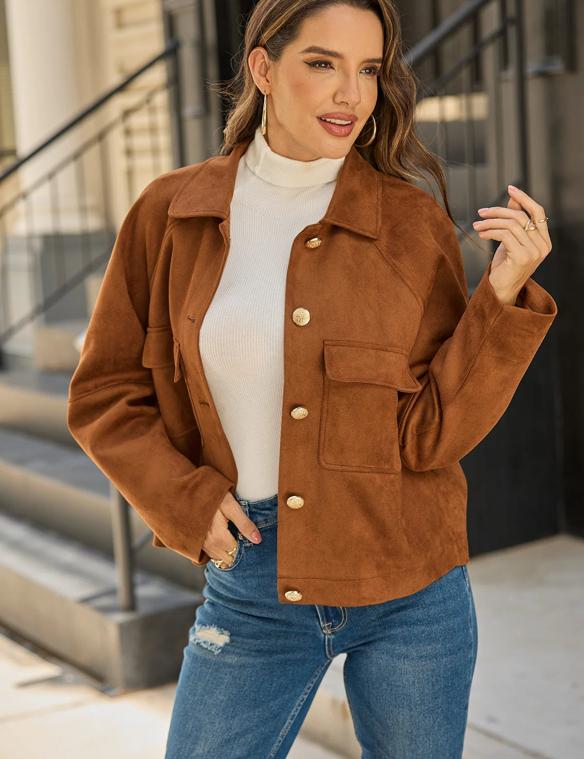 Womens Brown Faux Suede Leather Jacket 3