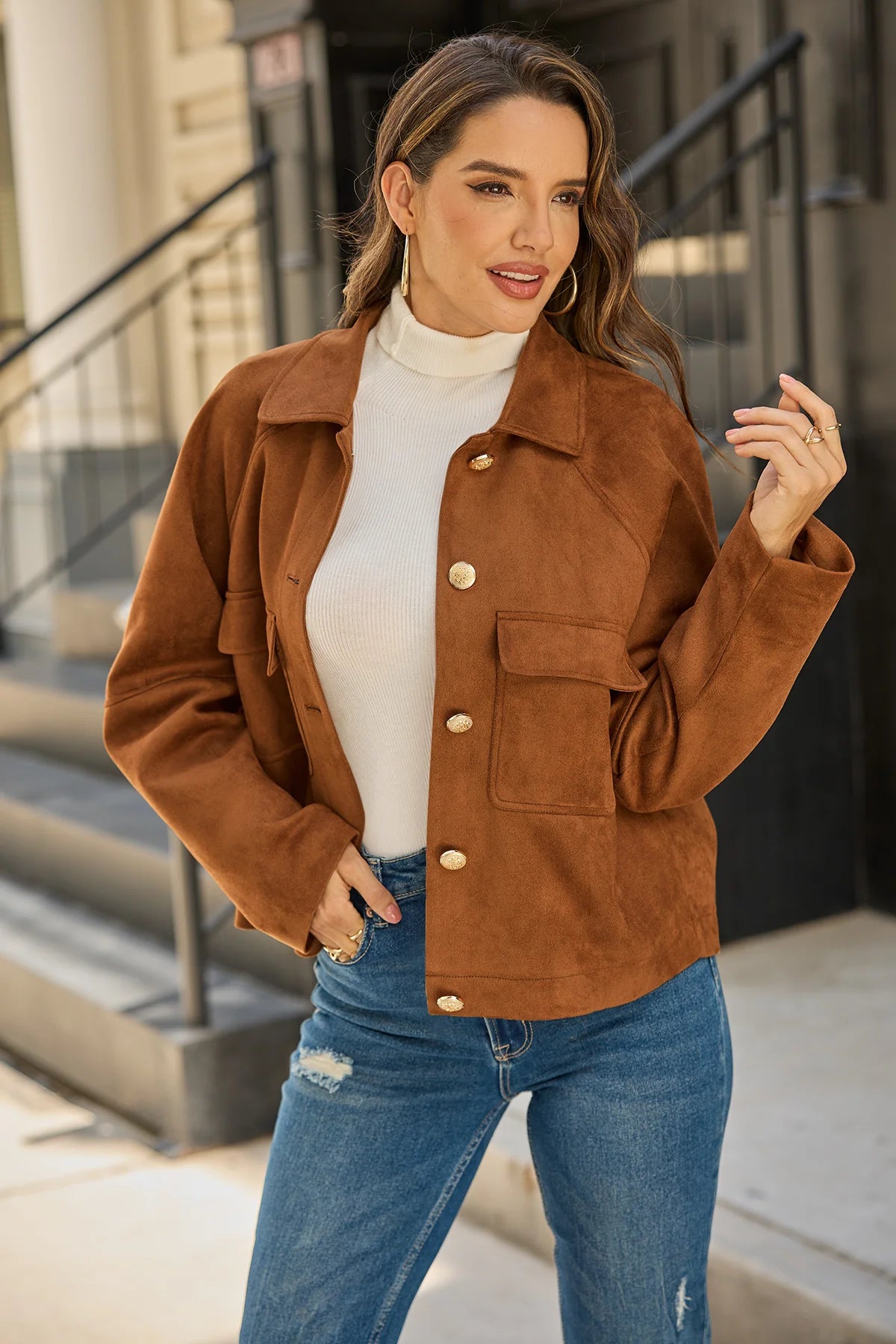 Womens Brown Faux Suede Leather Jacket 3