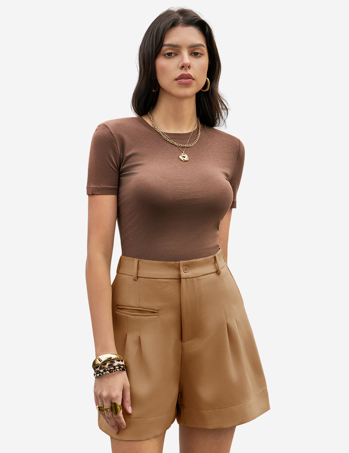Womens Brown Wide Leg Dressy Shorts 1