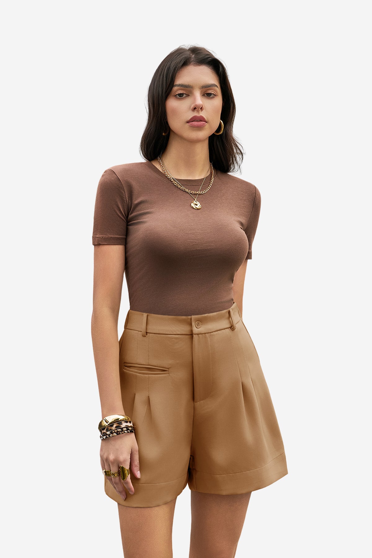 Womens Brown Wide Leg Dressy Shorts 1