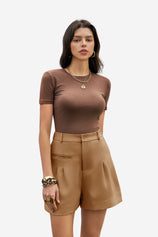 Womens Brown Wide Leg Dressy Shorts 1