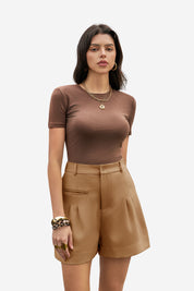 Womens Brown Wide Leg Dressy Shorts 1