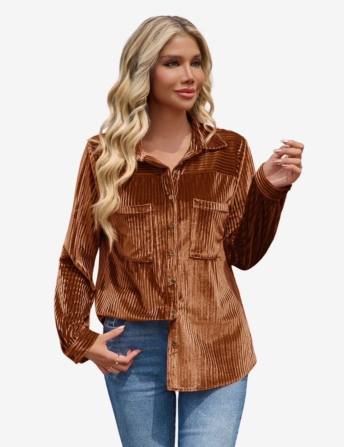 Womens Brown Velvet Button Down Shirt  1