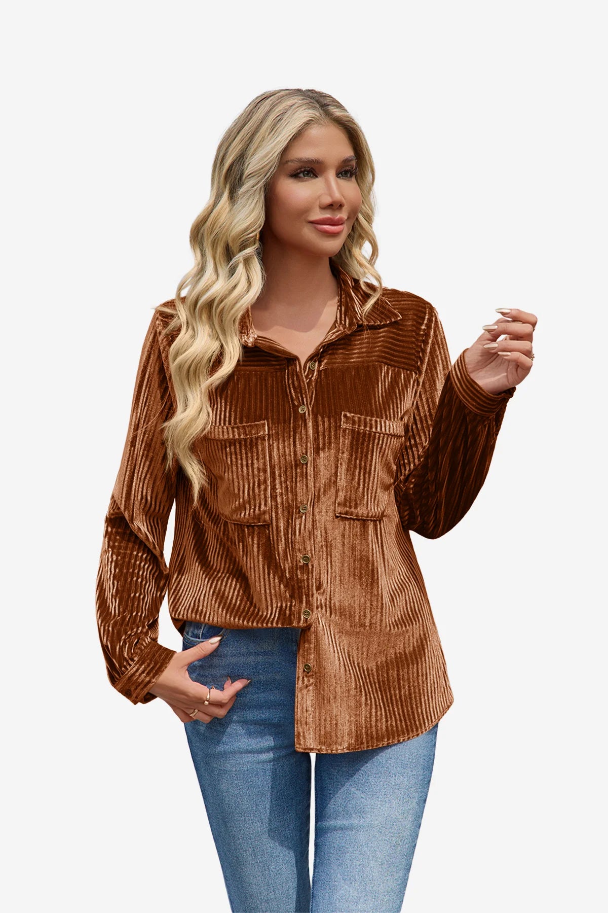 Womens Brown Velvet Button Down Shirt  1