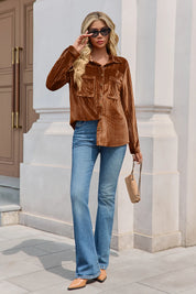 Womens Brown Velvet Button Down Shirt  2