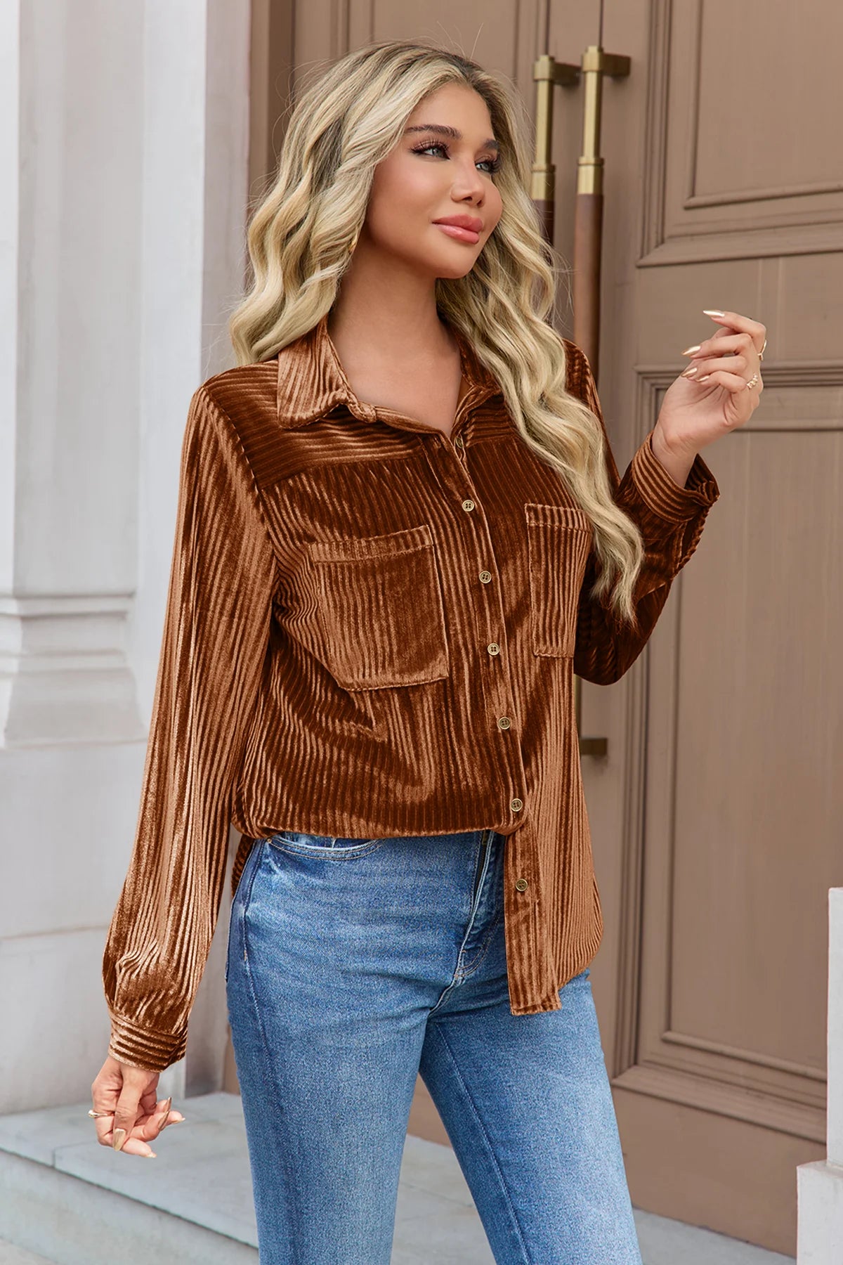 Womens Brown Velvet Button Down Shirt  3