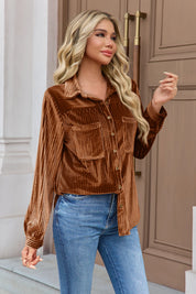 Womens Brown Velvet Button Down Shirt  3