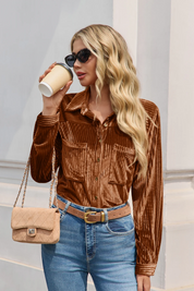 Womens Brown Velvet Button Down Shirt | CicyBell
