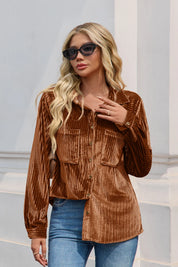Womens Brown Velvet Button Down Shirt | CicyBell