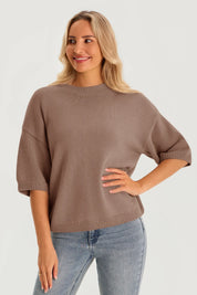 Womens Brown Half Sleeve Sweaters | CicyBell