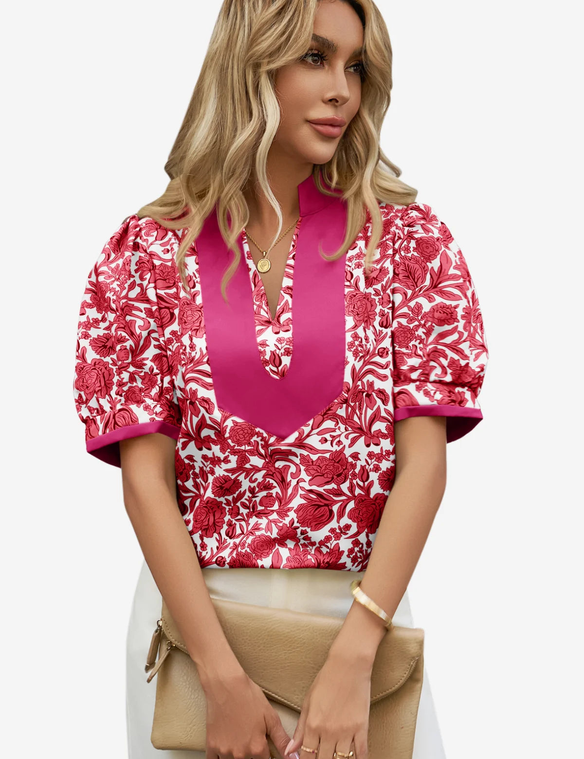 Womens Rose Red Puff Sleeve Blouses 1