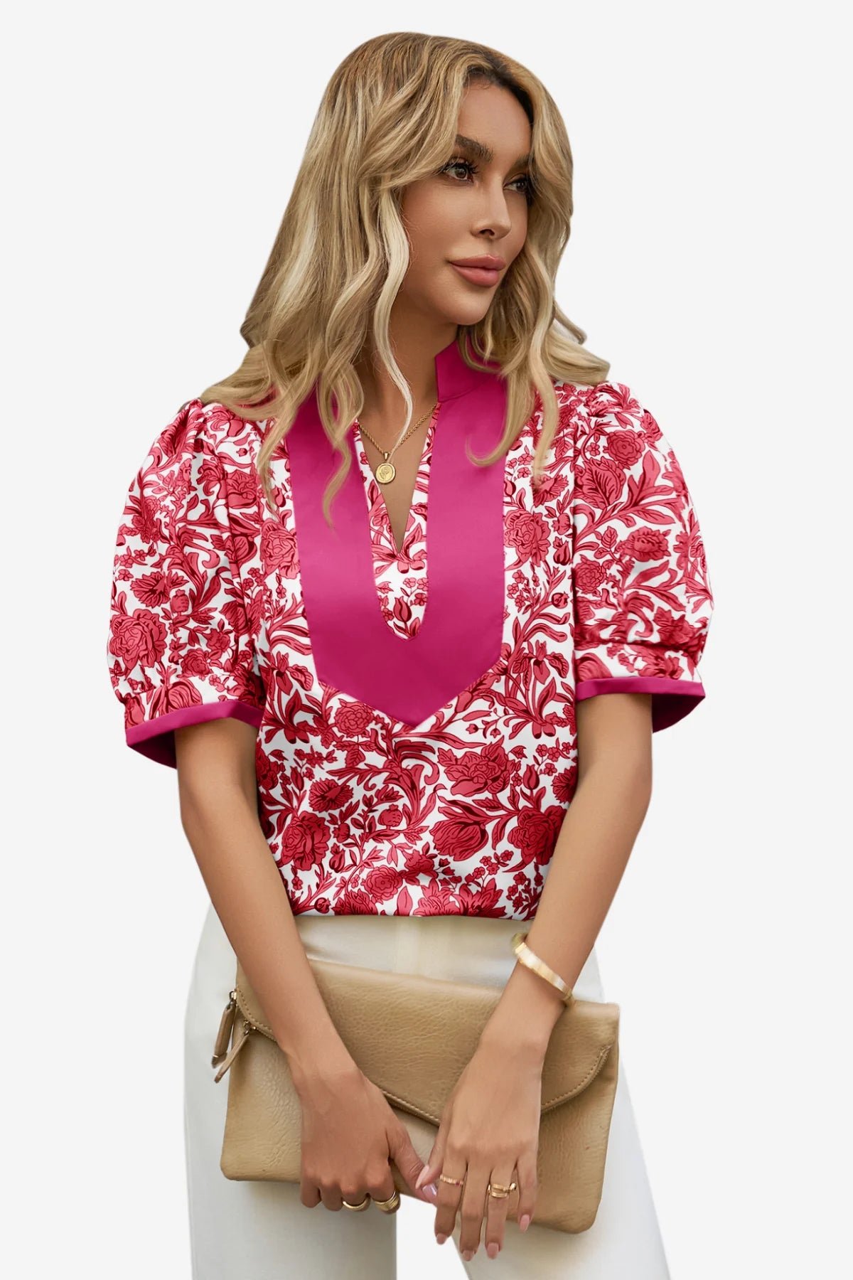 Womens Rose Red Puff Sleeve Blouses 1
