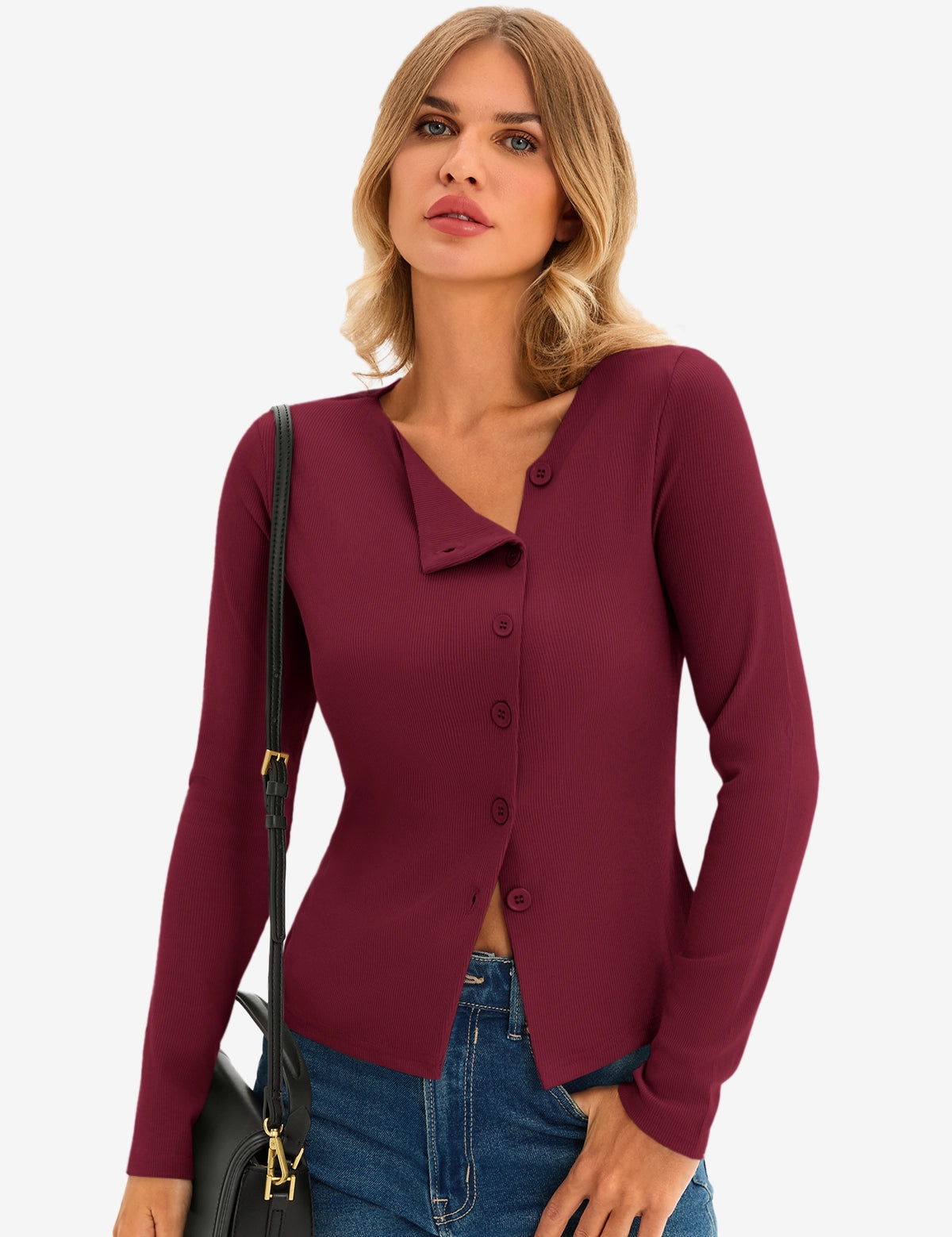 Womens Burgundy Long Sleeve Tops 1