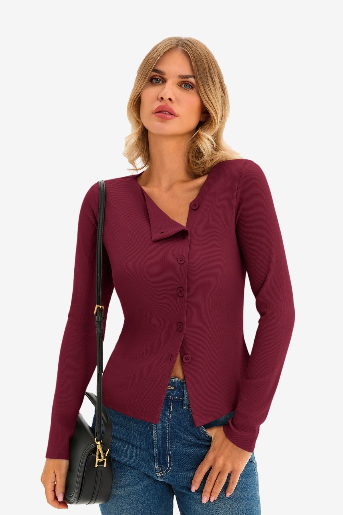 Womens Burgundy Long Sleeve Tops 1