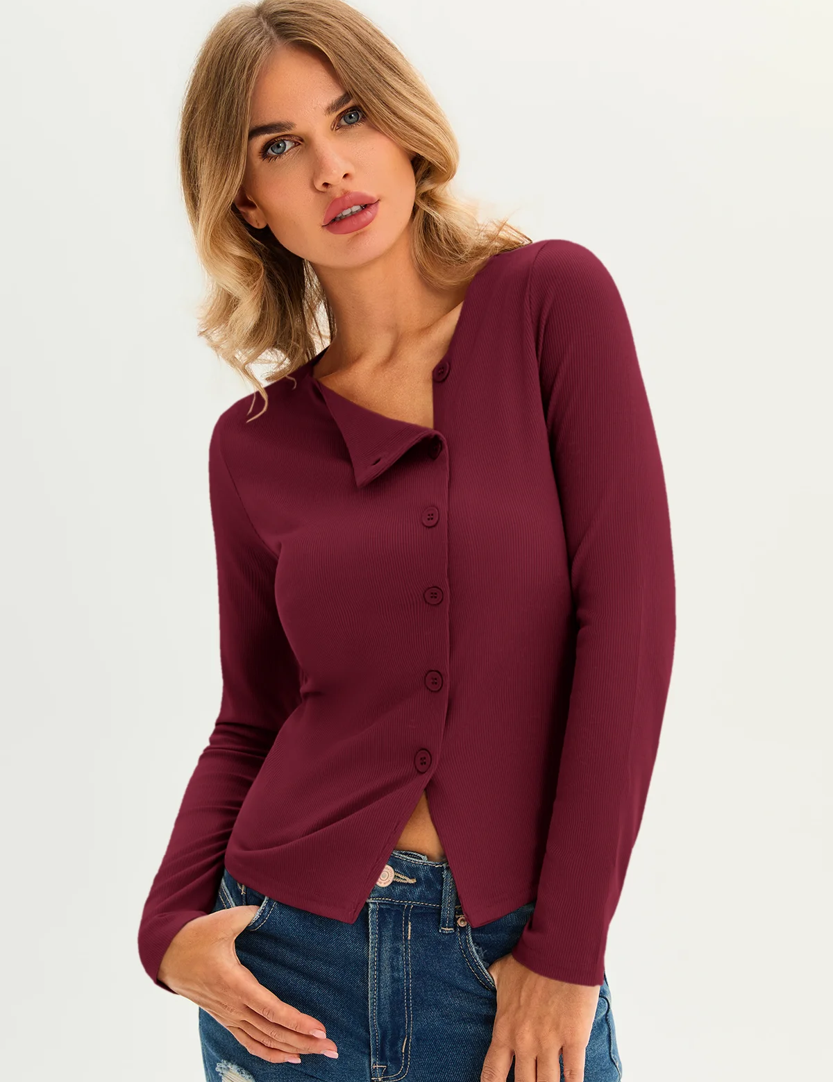 Womens Burgundy Long Sleeve Tops 3