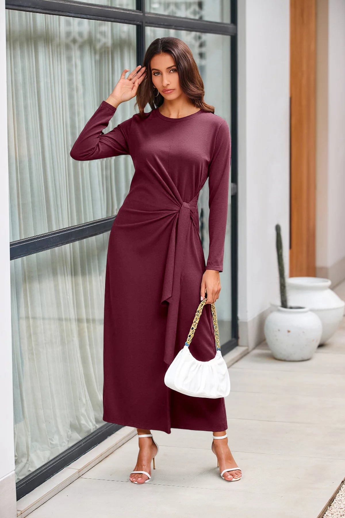 Womens Burgundy Long Sleeve Maxi Dress 3